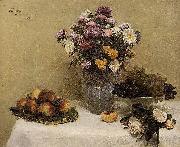 Henri Fantin-Latour White Roses, Chrysanthemums in a Vase, Peaches and Grapes on a Table with a White Tablecloth oil painting on canvas